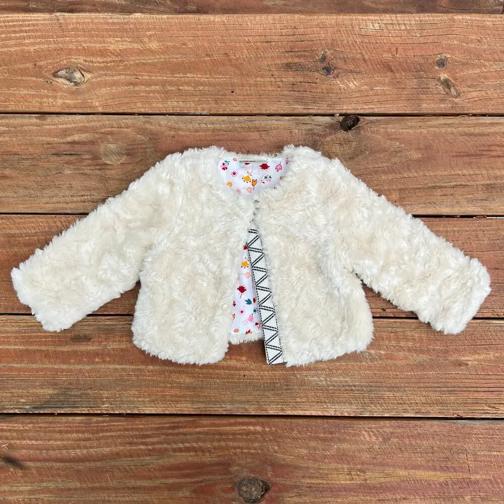 Genuine Kids OshKosh Faux Fur Baby Coat 12M Cream Floral Lined Toddler Jacket